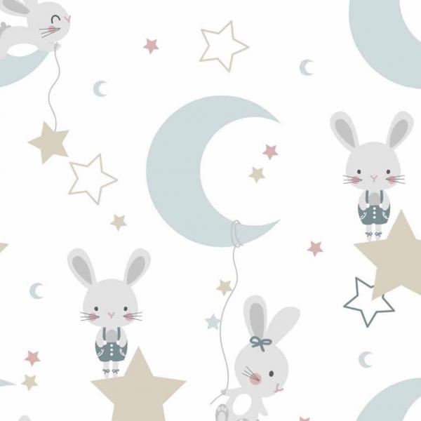 Kuschel Fleece Mäuse und Hasen, Sterne und Mond auf Weiß